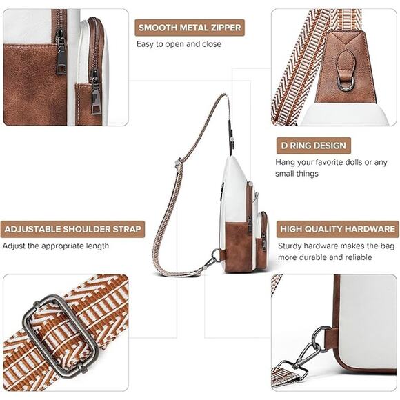 BOGO SALE NEW Vegan Leather Sling Crossbody Bag – White & Brown w/ Wide  Strap - Picture 4 of 5